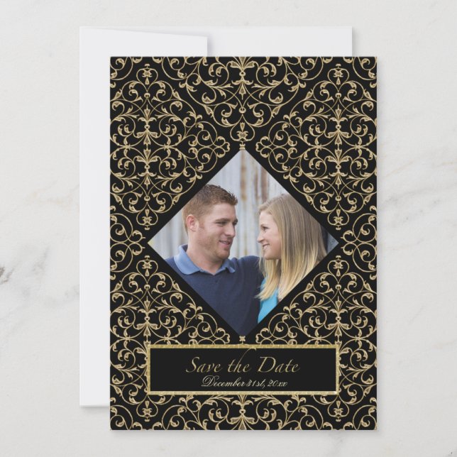 Art Deco Nouveau Snöre Damask Golden Calligraphy Inbjudningar (Framsida)