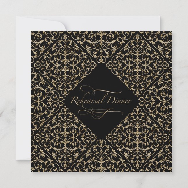 Art Deco Nouveau Snöre Damask Golden Calligraphy Inbjudningar (Framsida)
