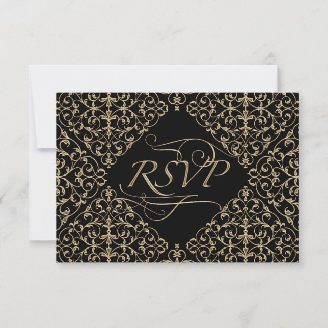 Art Deco Nouveau Snöre Damask Golden Calligraphy OSA Kort (Framsida)