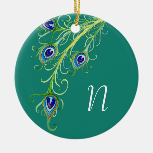 Art Deco Nouveau Stil Peacock Feathers Swirl Julgransprydnad Keramik (Framsidan)