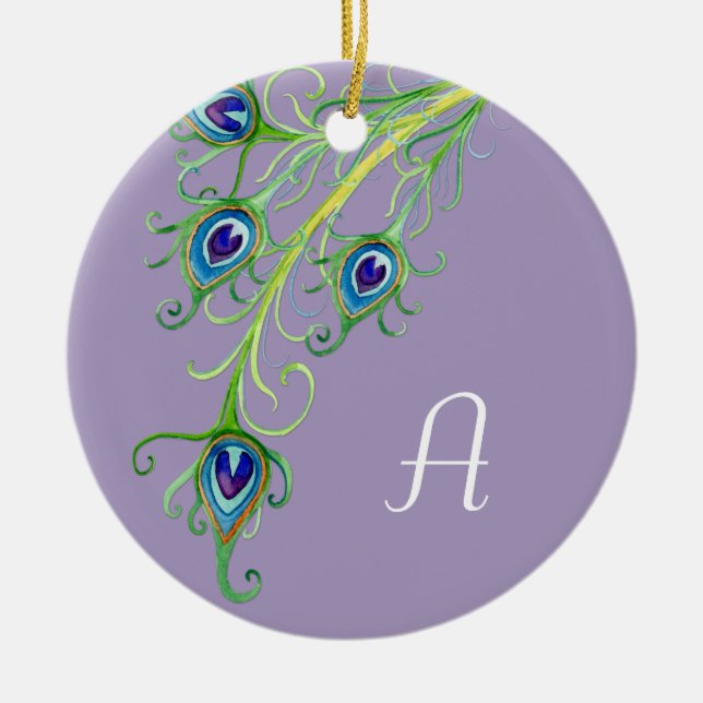 Art Deco Nouveau Stil Peacock Feathers Swirl Julgransprydnad Keramik (Framsidan)