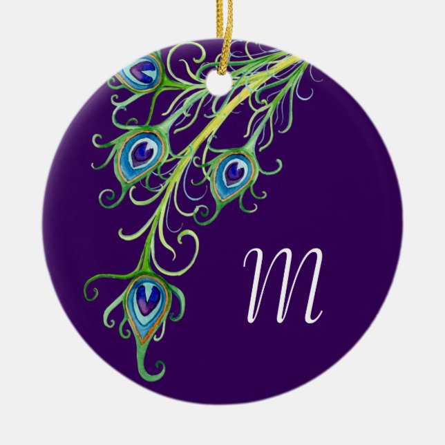 Art Deco Nouveau Stil Peacock Feathers Swirl Julgransprydnad Keramik (Framsidan)