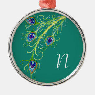 Art Deco Nouveau Stil Peacock Feathers Swirl Julgransprydnad Metall