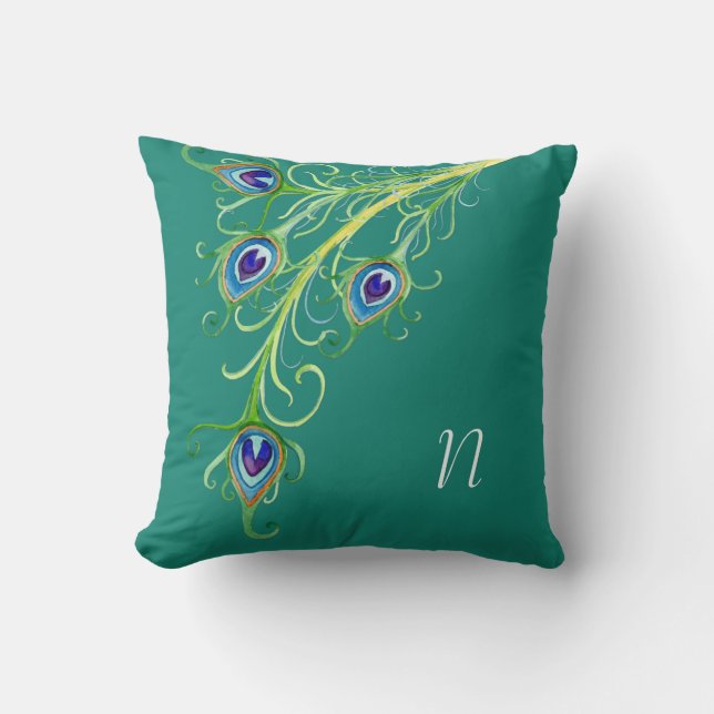 Art Deco Nouveau Stil Peacock Feathers Swirl Kudde (Framsida)