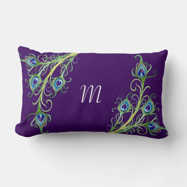 Art Deco Nouveau Stil Peacock Feathers Swirl Lumbarkudde (Framsida)