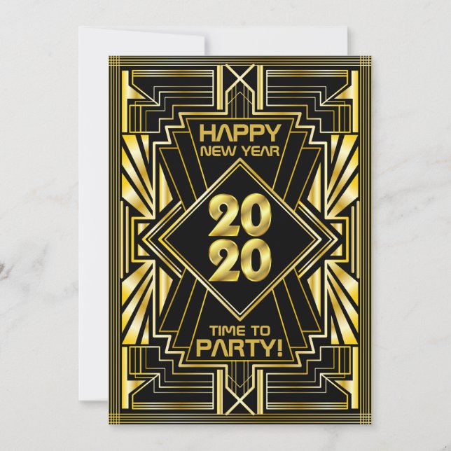 Art Deco nyår Party 2020 Guld Black Gatsby Inbjudningar (Framsida)