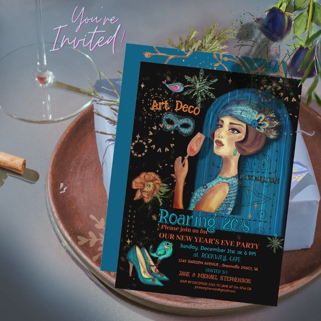 Art Deco nyårs inbjudan till Kväll Teal Black (Art Deco New Year’s Eve Teal Black Invitation )