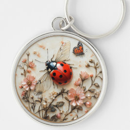 Art Deco Nyckelpiga Blommor Fjäril Rund Silverfärgad Nyckelring