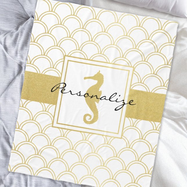Art Deco Ocean Wave Guld Seahorse Beach House Fleecefilt (Skapare uppladdad)