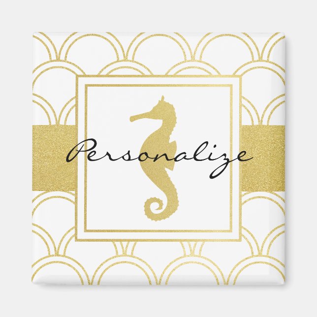 Art Deco Ocean Wave Mönster Guld Glitter Sjöhäst Magnet (Framsidan)