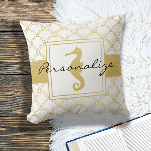 Art Deco Ocean Wave Patten Guld Glitter Seahorse Kudde