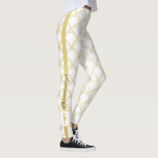 Art Deco Ocean Wave Patten Guld Glitter Seahorse Leggings (Höger)