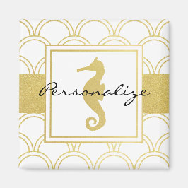 Art Deco Ocean Wave Patten Guld Glitter Seahorse Magnet
