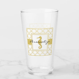 Art Deco Oceanvåg Guld Sjöhästar Strandhus Pint Glaskopp