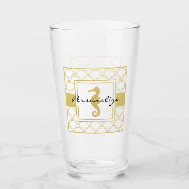 Art Deco Oceanvåg Guld Sjöhästar Strandhus Pint Glaskopp (Framsida)