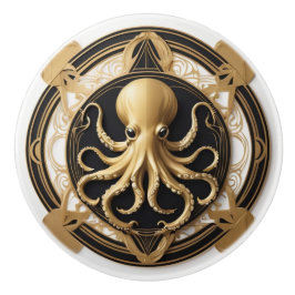 Art Deco Octopus Black White Guld Nautical Knopp