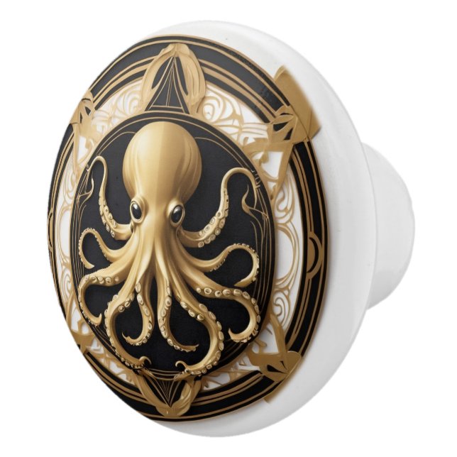 Art Deco Octopus Black White Guld Nautical Knopp (Höger)