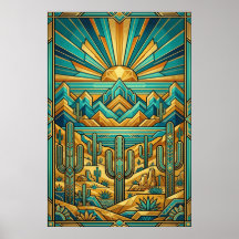 Art Deco-öken solnedgångsaffisch - Geometrisk Sagu