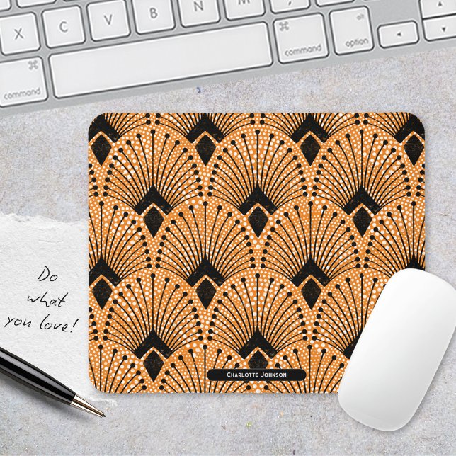 Art Deco Orange Black White Retro Peacock Mönster Musmatta (Art Deco Orange Black White Retro Peacock Pattern Mouse Pad ©Susanne Sachers - Sunny Mind 🌞)