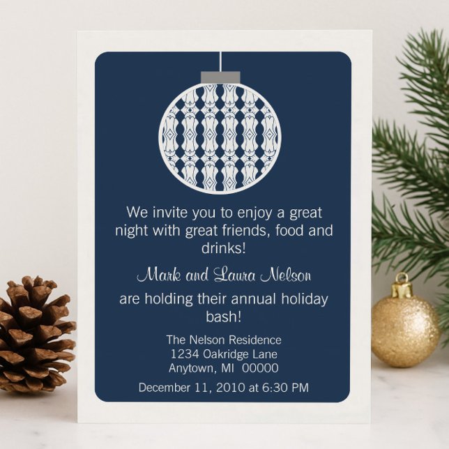 Art Deco Ornament jul Party | Blå Inbjudningar (Blue Art Deco Ornament Christmas Party Invitation)
