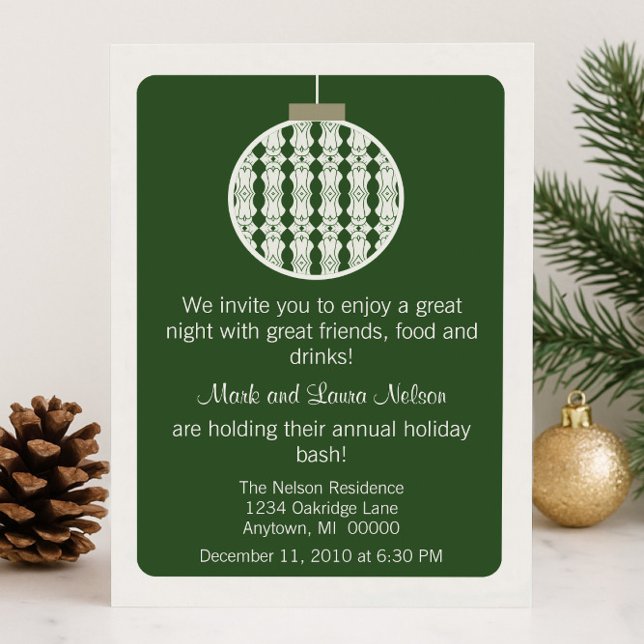 Art Deco Ornament jul Party Inbjudan, Grönt Inbjudningar (Green Art Deco Ornament Christmas Party Invitation)