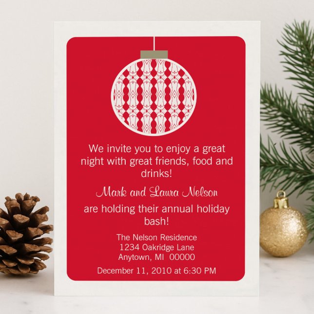 Art Deco Ornament jul Party Inbjudan, Red Inbjudningar (Red Art Deco Ornament Christmas Party Invitation)