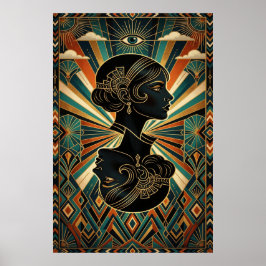 Art Deco Påfågel Fjäder Dansare Guld Teal Affisch
