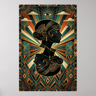Art Deco Påfågel Fjäder Dansare Guld Teal Affisch