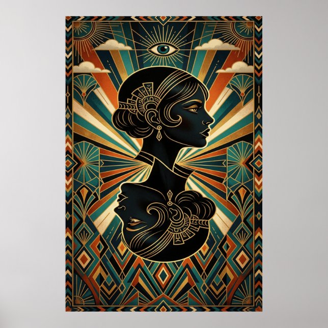 Art Deco Påfågel Fjäder Dansare Guld Teal Affisch (Framsidan)
