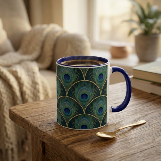 Art Deco Påfågel Fjäder Geometriskt Mönster Två-Tonad Mugg (Art Deco Peacock Feather Geometric Pattern Two-Tone Coffee Mug)
