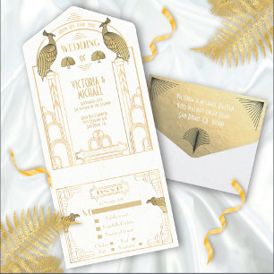 Art Deco Påfågel Guld & Vita Bröllopsinbjudningar