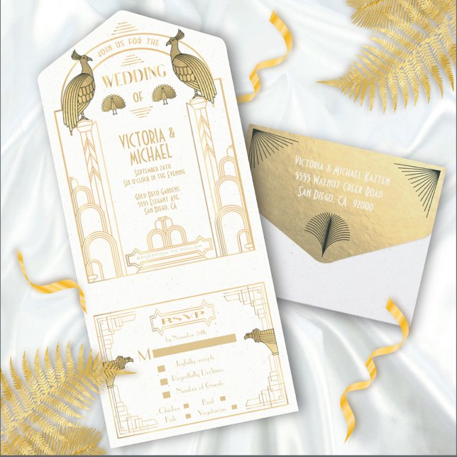 Art Deco Påfågel Guld & Vita Bröllopsinbjudningar (Skapare uppladdad)