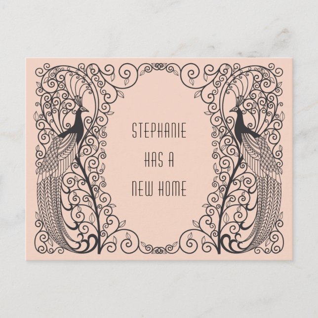 Art Deco Påfågel Ny adress Flytt Meddelande Vykort (Framsida)