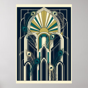 Art Deco Påfågelsfjädrar Marinblå Teal Affisch