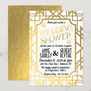 Art Deco Par Bröllopsdusch Gatsby Guld Folie Inbjudningar
