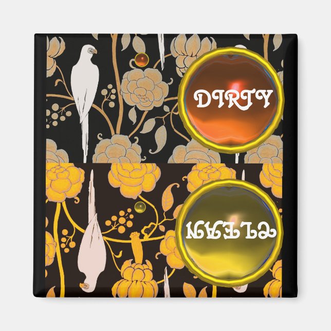 ART DECO PARROTS BROWN GULA BLOMMOR DIRTY CLEAN MAGNET (Framsidan)