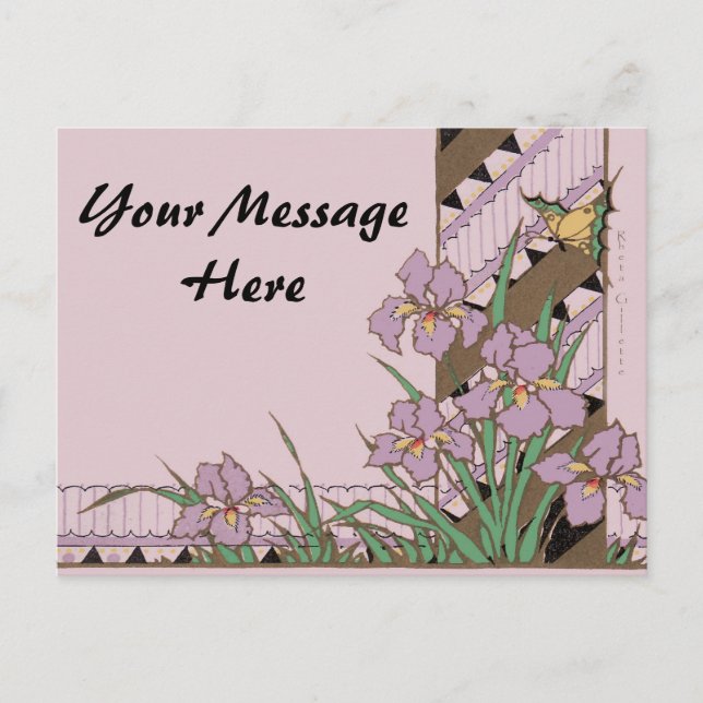 Art Deco Påsk Lila Iris Butterfly Helg Vykort (Framsida)