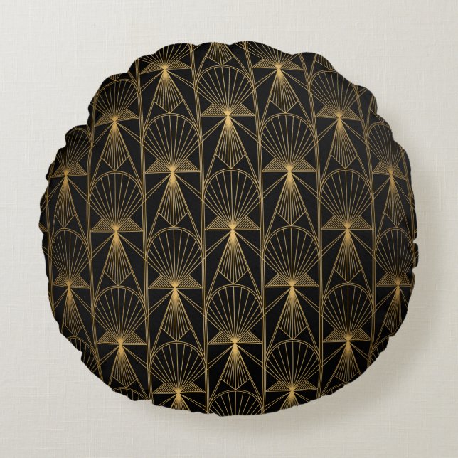 Art Deco Pattern. Seamless black and gold backgrou Rund Kudde (Framsidan)