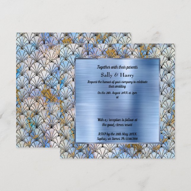 ART DECO PATTERNED BLUE WEDDING INVITATION INBJUDNINGAR (Fram/baksida)