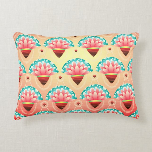 Art deco peach teal guld blommönster prydnadskudde (Framsidan)