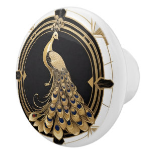 Art Deco Peacock Bird Black White Guld Knopp