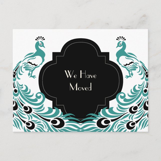 Art Deco Peacock Black och Blue Change of Adress Meddelande Vykort (Framsida)