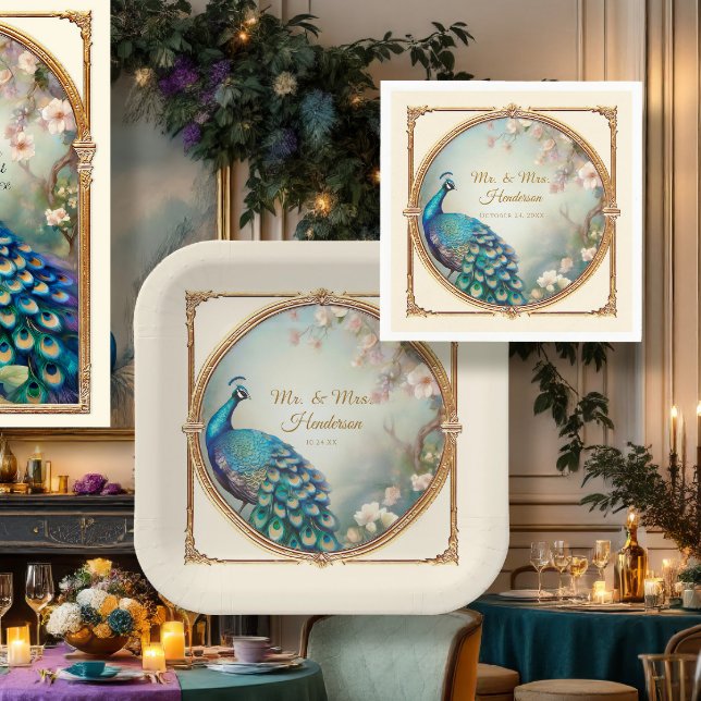 Art Deco Peacock Elegant Flower Träd Bröllop Pappersservett (Skapare uppladdad)