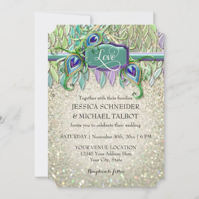 Art Deco Peacock Feather Glitter Movie Biljett Inbjudningar (Framsida)