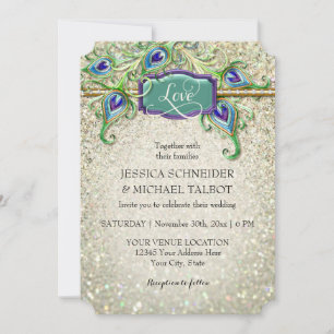 Art Deco Peacock Feather Glitter Movie Biljett Inbjudningar
