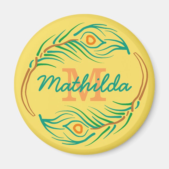 Art Deco Peacock Feather Monogram Stencil Magnet (Framsidan)