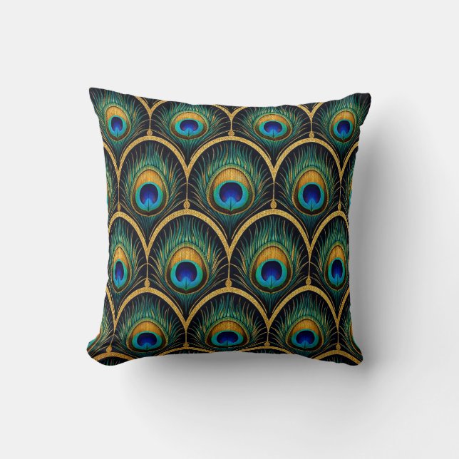 Art Deco Peacock Feather Pattern Throw Pillow Kudde (Framsida)