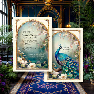 Art Deco Peacock Feathers Elegant Blommigt Bröllop Inbjudningar