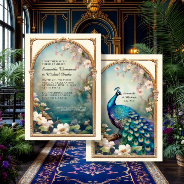 Art Deco Peacock Feathers Elegant Blommigt Bröllop Inbjudningar (Skapare uppladdad)