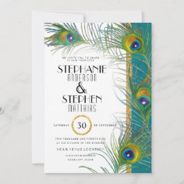 Art Deco Peacock Feathers Guld Glitter Typography Inbjudningar